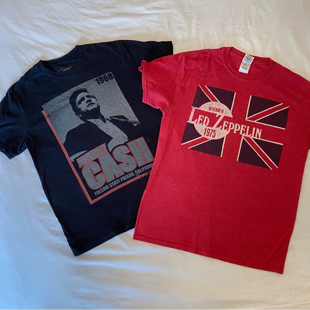2 Retro Vintage Band Short Sleeve T-Shirts 1975 Led Zeppelin &  1968 Johnny Cash